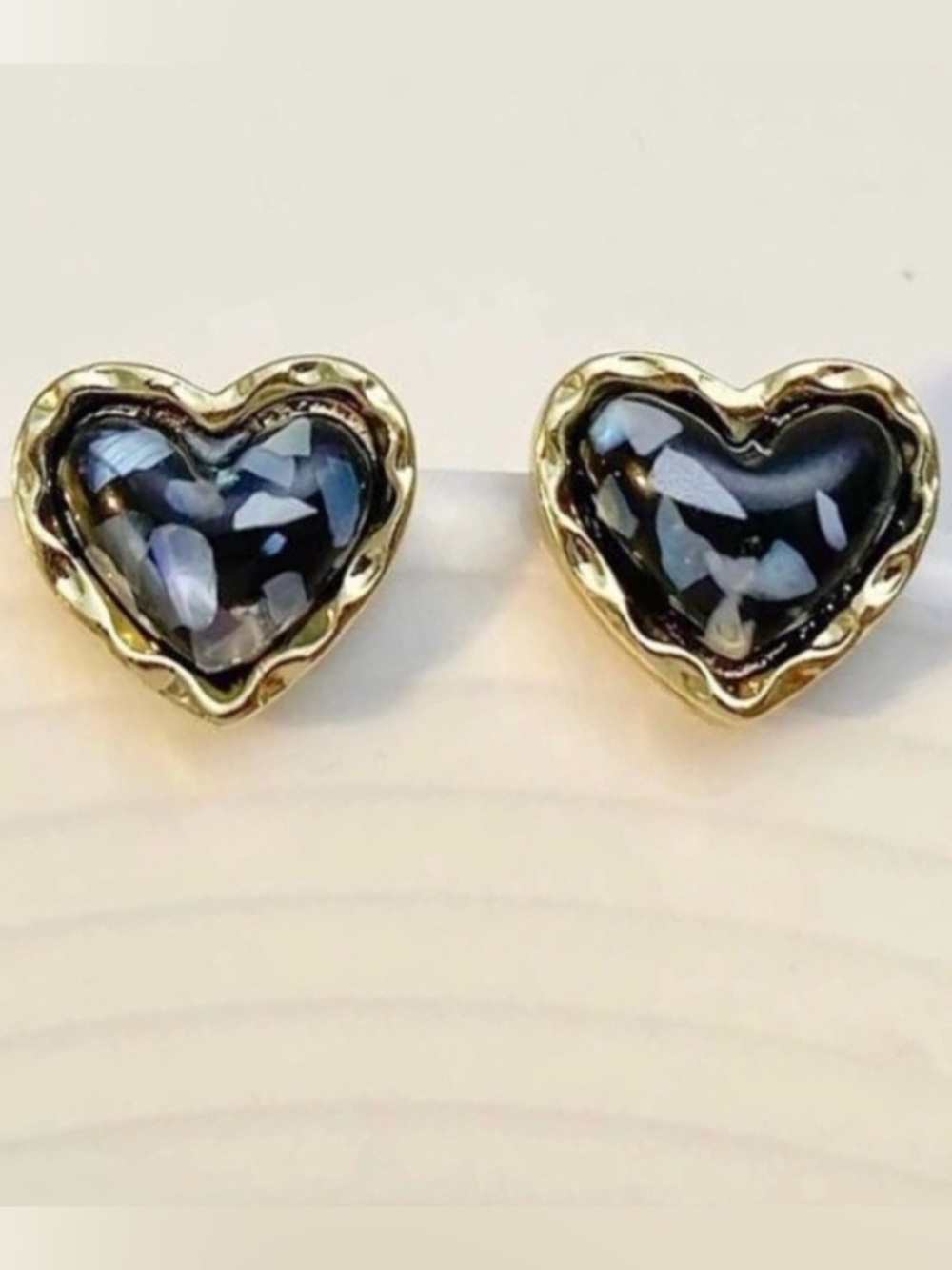 “Seashell Shards” Black Hearts Iridescent Shell Flake Chip Ocean Romance Studs